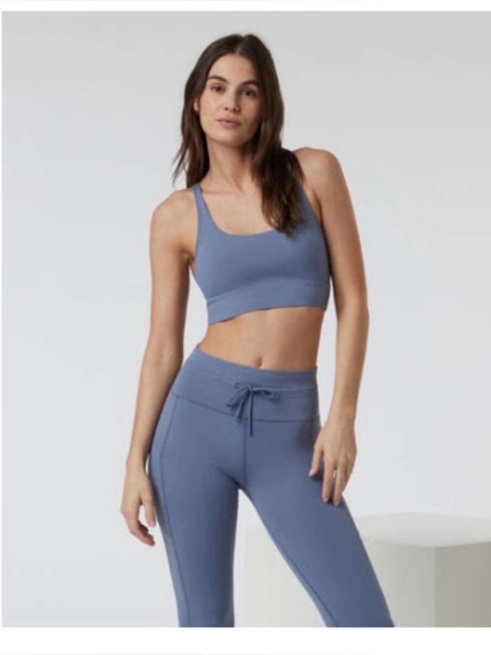 Vuori Daily Legging and Yosemite Longline Bra Set in Mercury Blue